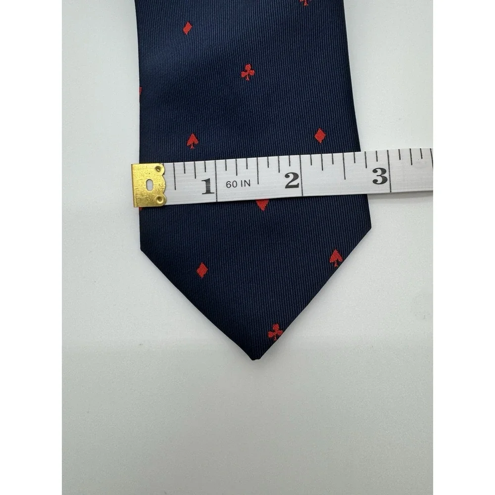 Navy Blue Silk Tie Red Playing Cards Hearts Spades Diamonds Clubs Novelty Mens